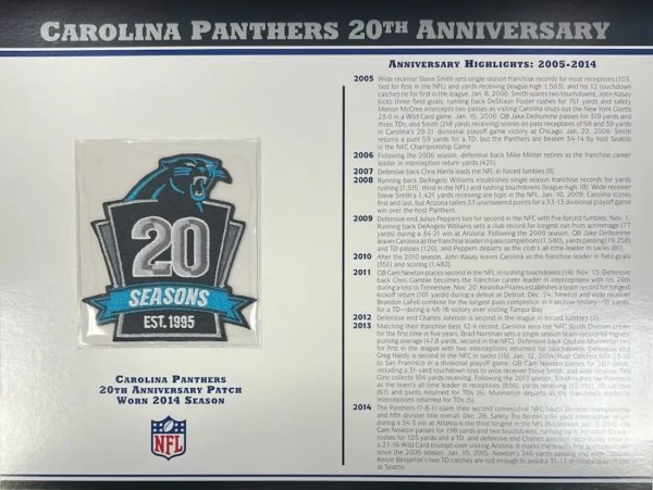 2014 Carolina Panthers 20th Anniversary Willabee & Ward Patch With Stat Card Online